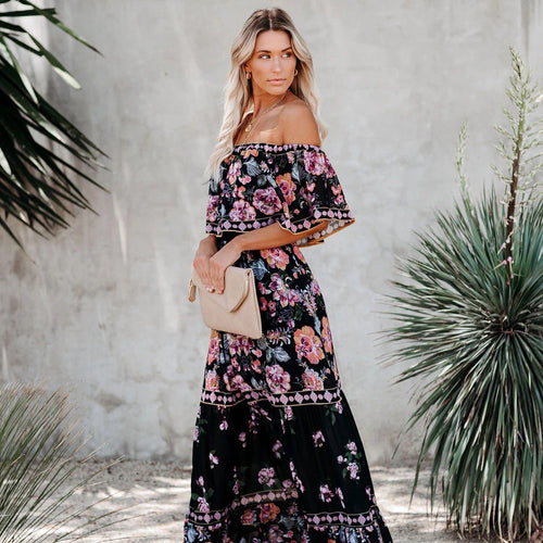 Dame Off-Shoulder Maxikjole med blomsterprint og voluminøse ærmer Stilla