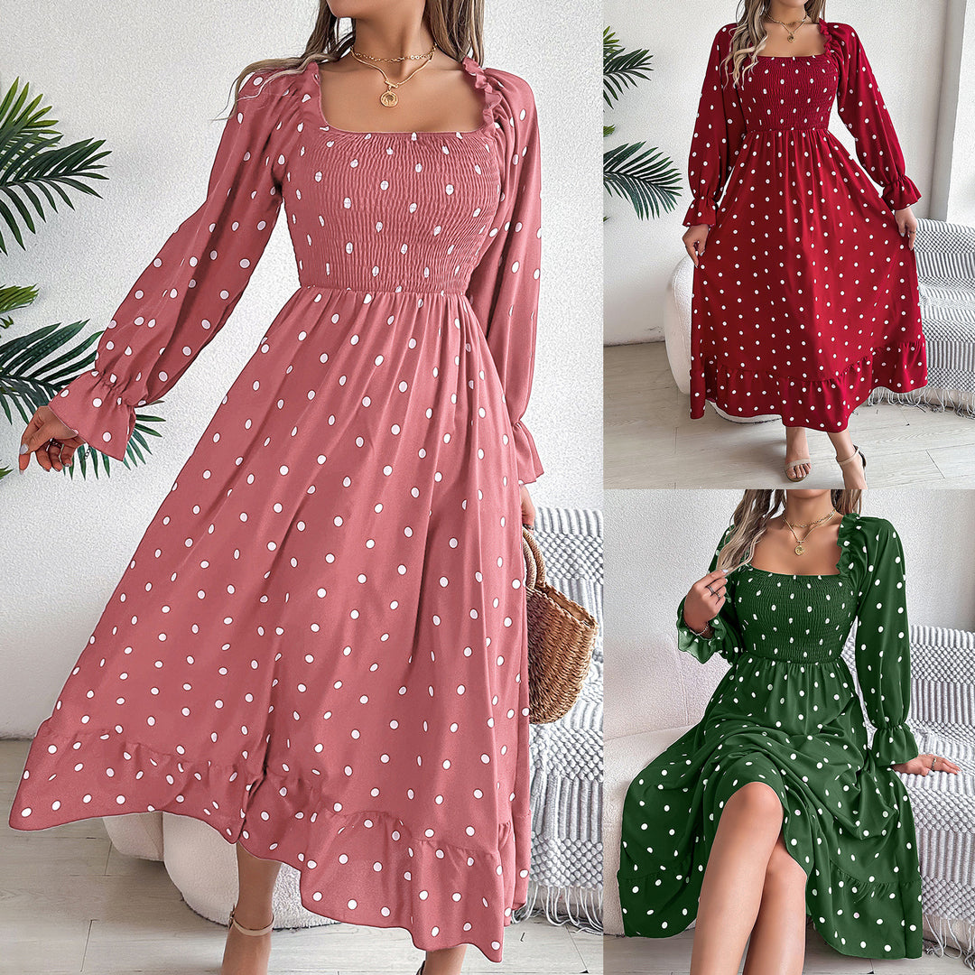 Dame Langærmet Midikjole med Polka-Dots og Flæsekant Stilla