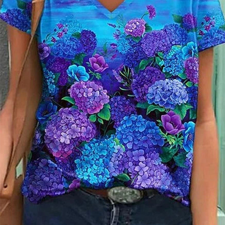 Dame Vibrerende Blomsterdesign V-Udskæring Top Stilla