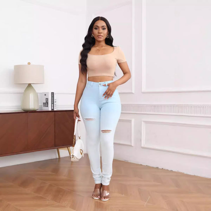 Dame Høj taljeret Skinny Jeans med moderne Ripped-detaljer og komfortabel Stretch Stilla