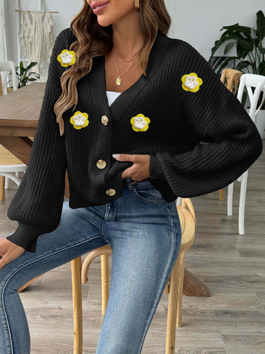 Damer moderigtig strik-Cardigan med innovativt blomstermotiv og ballonærmer Stilla
