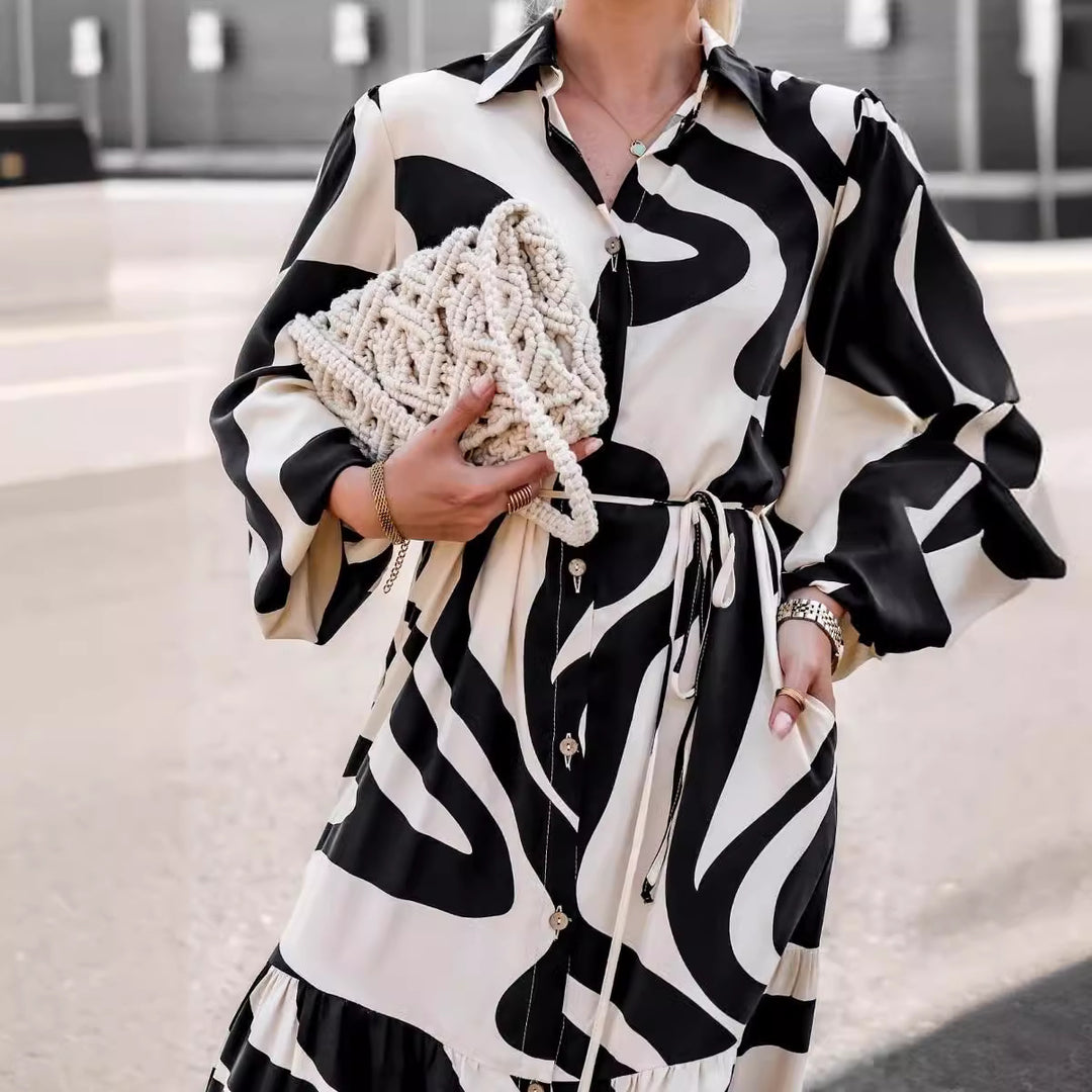 Dame Maxi-langærmet kjole med elegant indpakningsdesign og trendy mønster Stilla