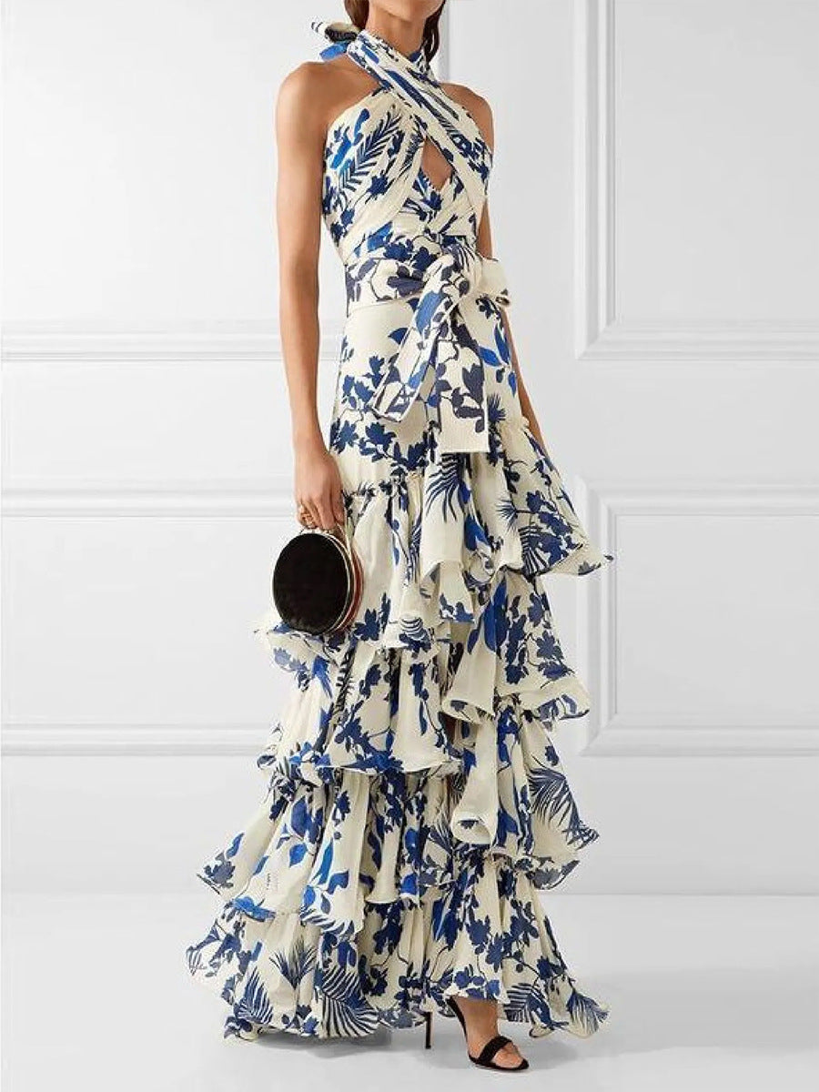Dame maxikjole med blomsterfringe detaljer og elegant omslag top Stilla