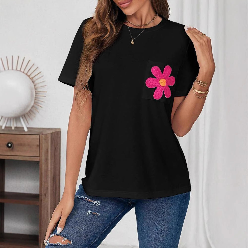 Dame T-shirt med blomstret applikationsmotiv og brystlomme Stilla