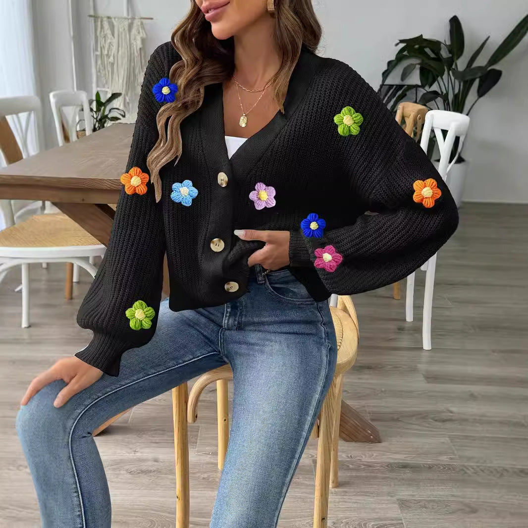 Damer moderigtig strik-Cardigan med innovativt blomstermotiv og ballonærmer Stilla