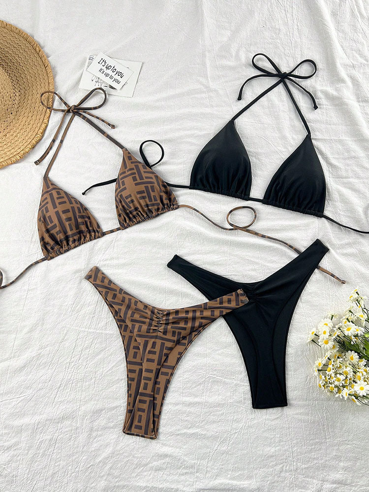 Dame Triangel-Bikini-Sæt med justerbare stropper og blomstrede leopardmønster Skovae