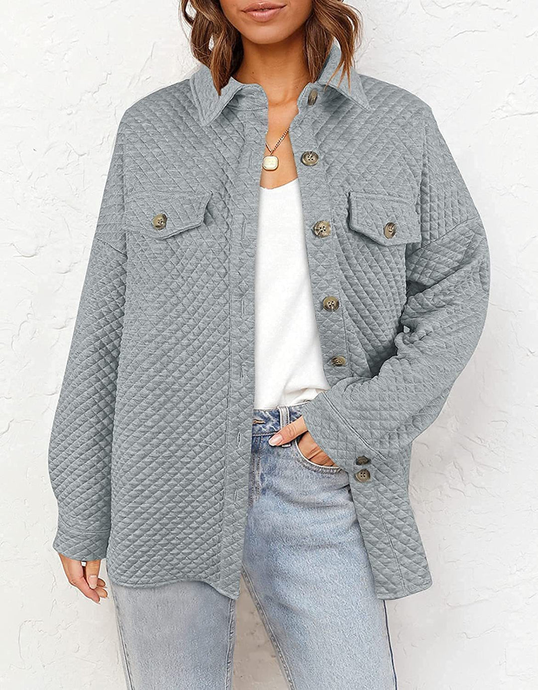 Dame Løs Oversize-Skjortejakke med struktureret design og påsyede lommer Stilla