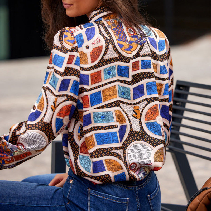 Dame Elegant Bluse med geometrisk mønster og sløjfe-detalje Stilla