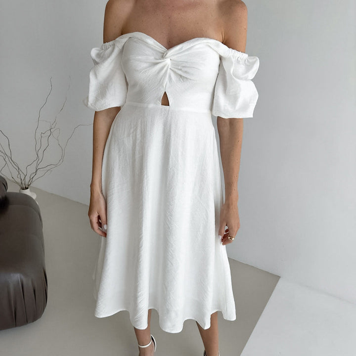 Dame Midi-Kjole med off-shoulder design og voluminøse puffærmer Stilla
