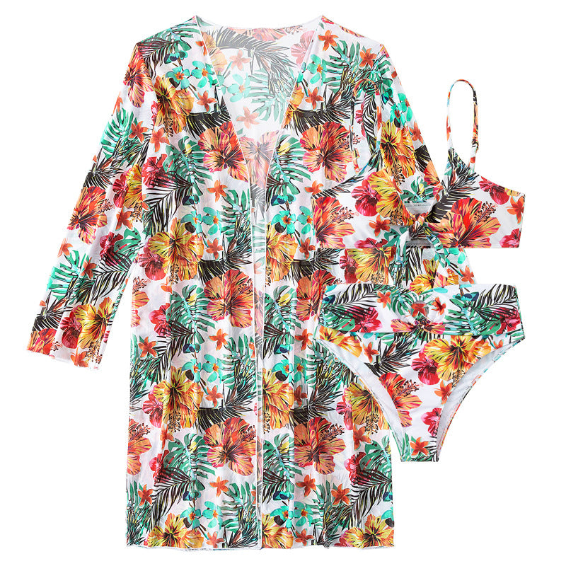 Dame bikiniset med blomster kimono og bindebånd Stilla