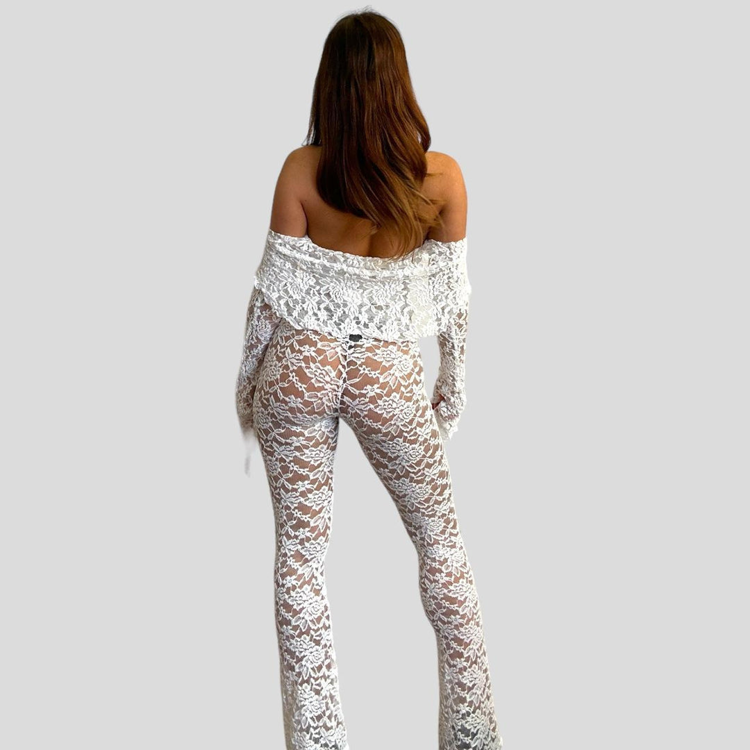Dame lace crop top med brede ærmer og matchende bukser Skovae