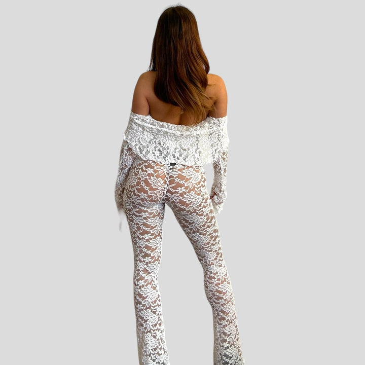 Dame lace crop top med brede ærmer og matchende bukser Skovae