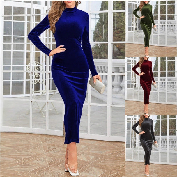 Dame Elegant Højkrave-Velour-Maxi-Kjole Stilla