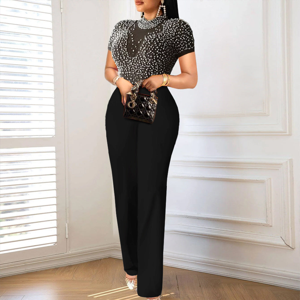 Dame elegant jumpsuit med glimrende perle detaljer Skovae