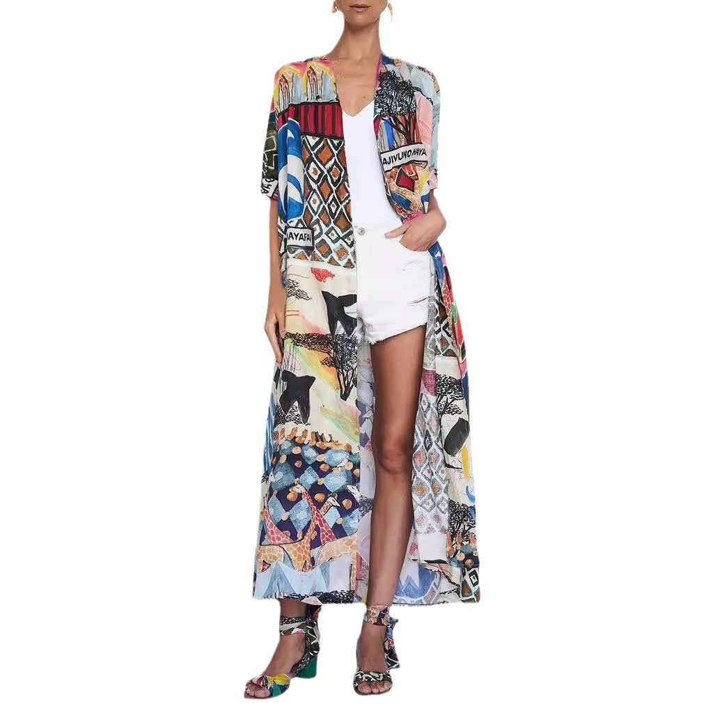 Dame Farvet Trykt Duster Cardigan Stilla