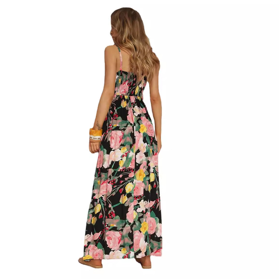 Dame maxikjole med elegant floral draperingseffekt og smalle stropper Stilla