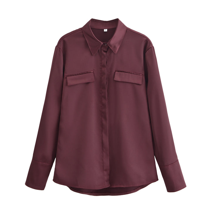 Dame Langærmet Satin Button-Up Skjorte med Lommer-Detalje Stilla