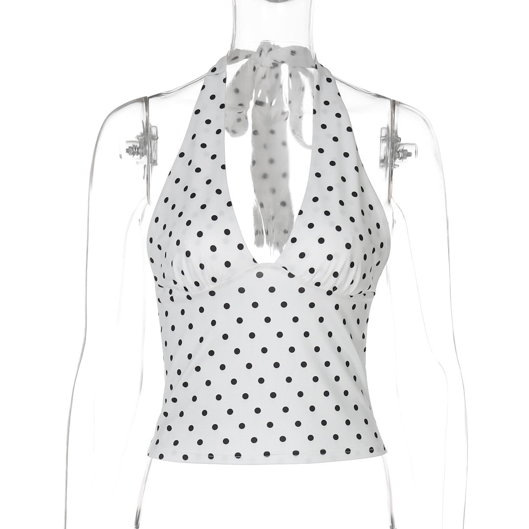 Dame Polka-Dots Haltertop med elegant V-udskæring og stilfuld bindebånd Stilla