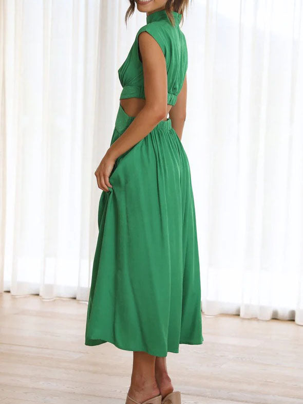 Stilla | Elegant O Hals Ærmeløs Udsnit Solid Maxi Kjole