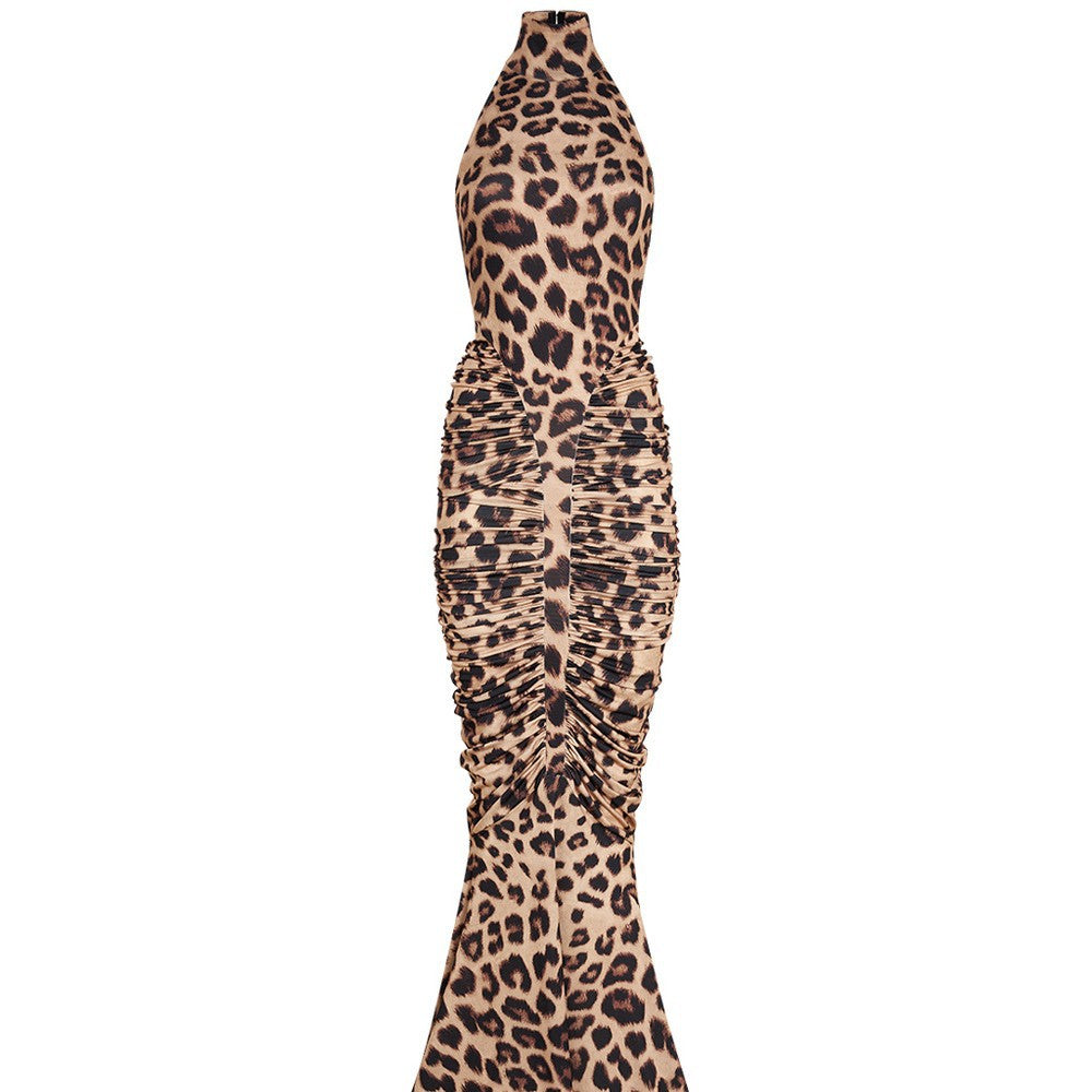 Dame Elegant leopardmønster maxikjole med høje kraver og raffinerede snit Skovae