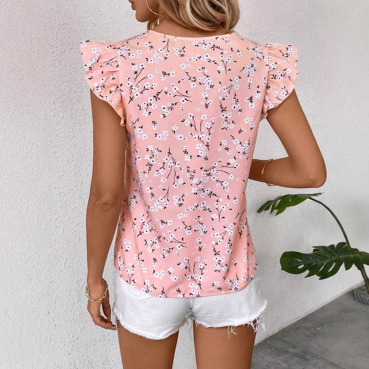 Dame blusekjole med flæsedetaljer og blomsterdesign Stilla