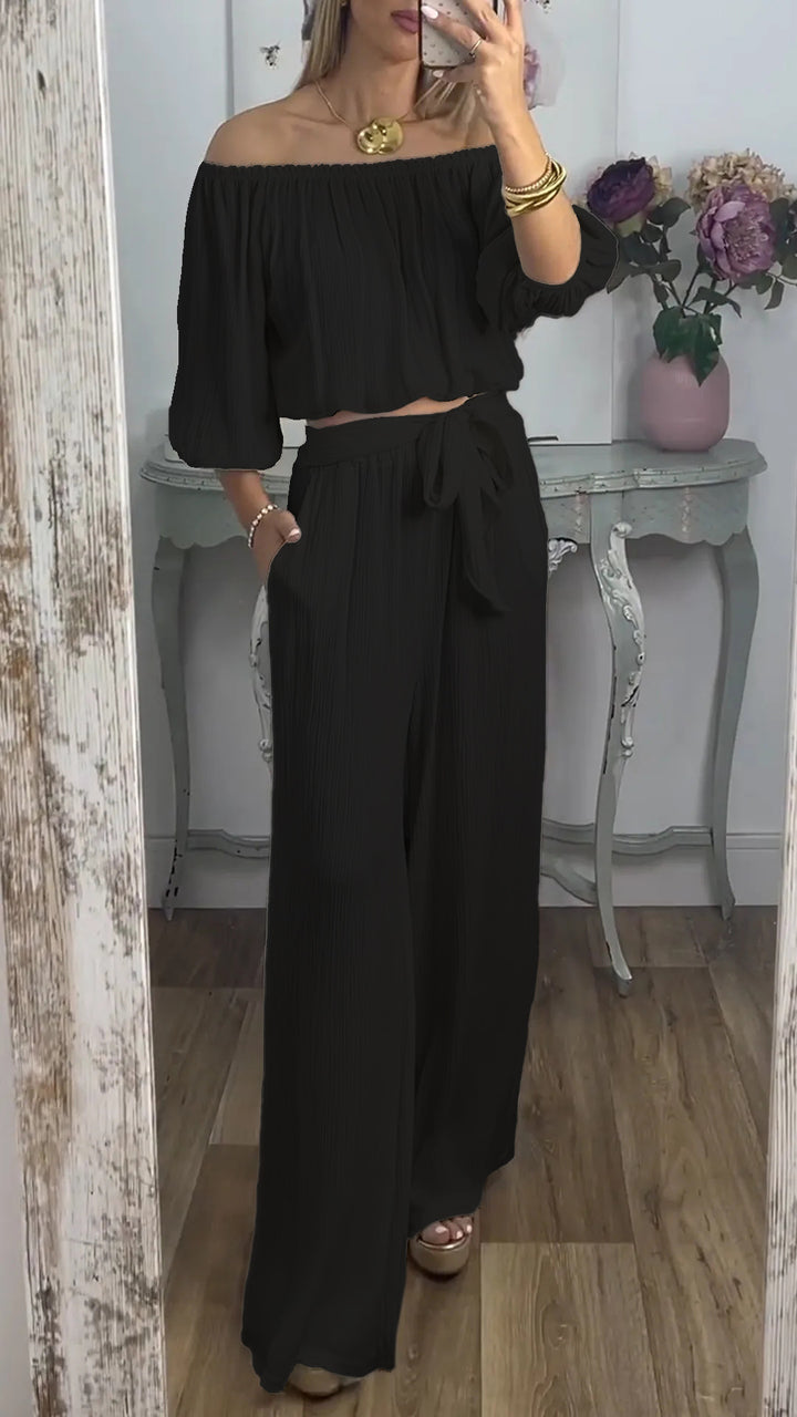 Dame Elegant To-delt Sæt med bred bukse stil og off-shoulder top Stilla
