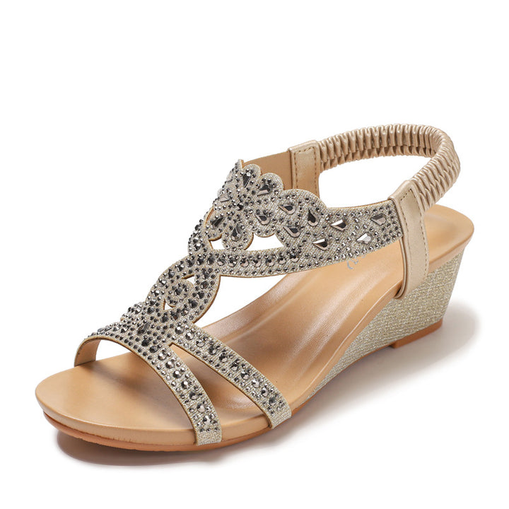 Dame wedge-sandaler med glitrende strass-applikationer og elastisk rem-design Stilla