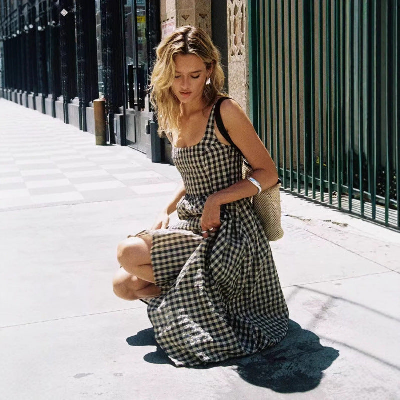 Dame Gingham Ternet Maxi-Kjole med justerbare stropper Stilla
