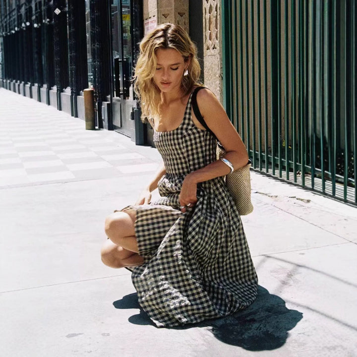 Dame Gingham Ternet Maxi-Kjole med justerbare stropper Stilla