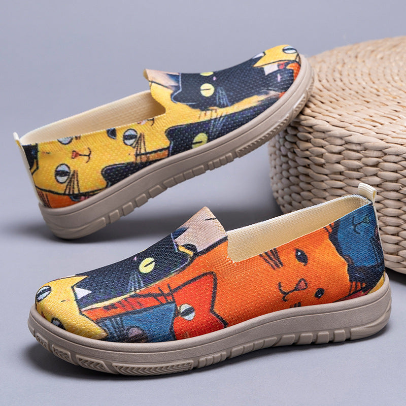 Dame Slip-On Fritidssko med farverigt kattemønster og skridsikker sål Stilla