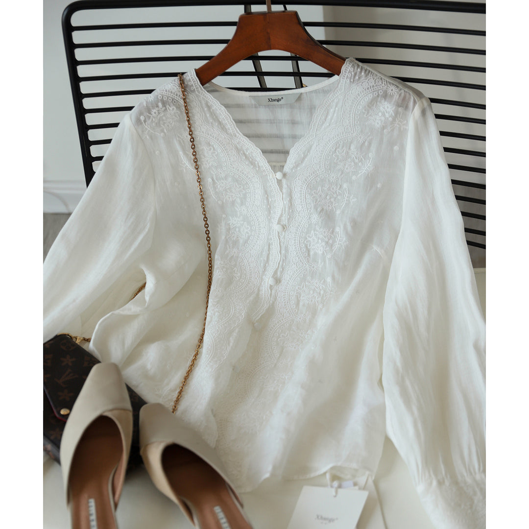 Damer elegant bluse med fin broderi og romantisk krave Stilla