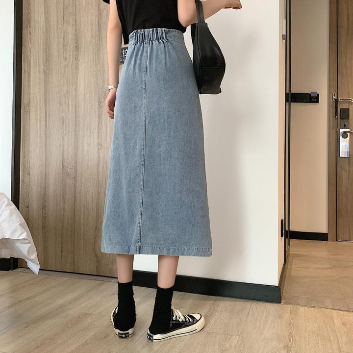 Dame jeans midi nederdel med sideslids Stilla