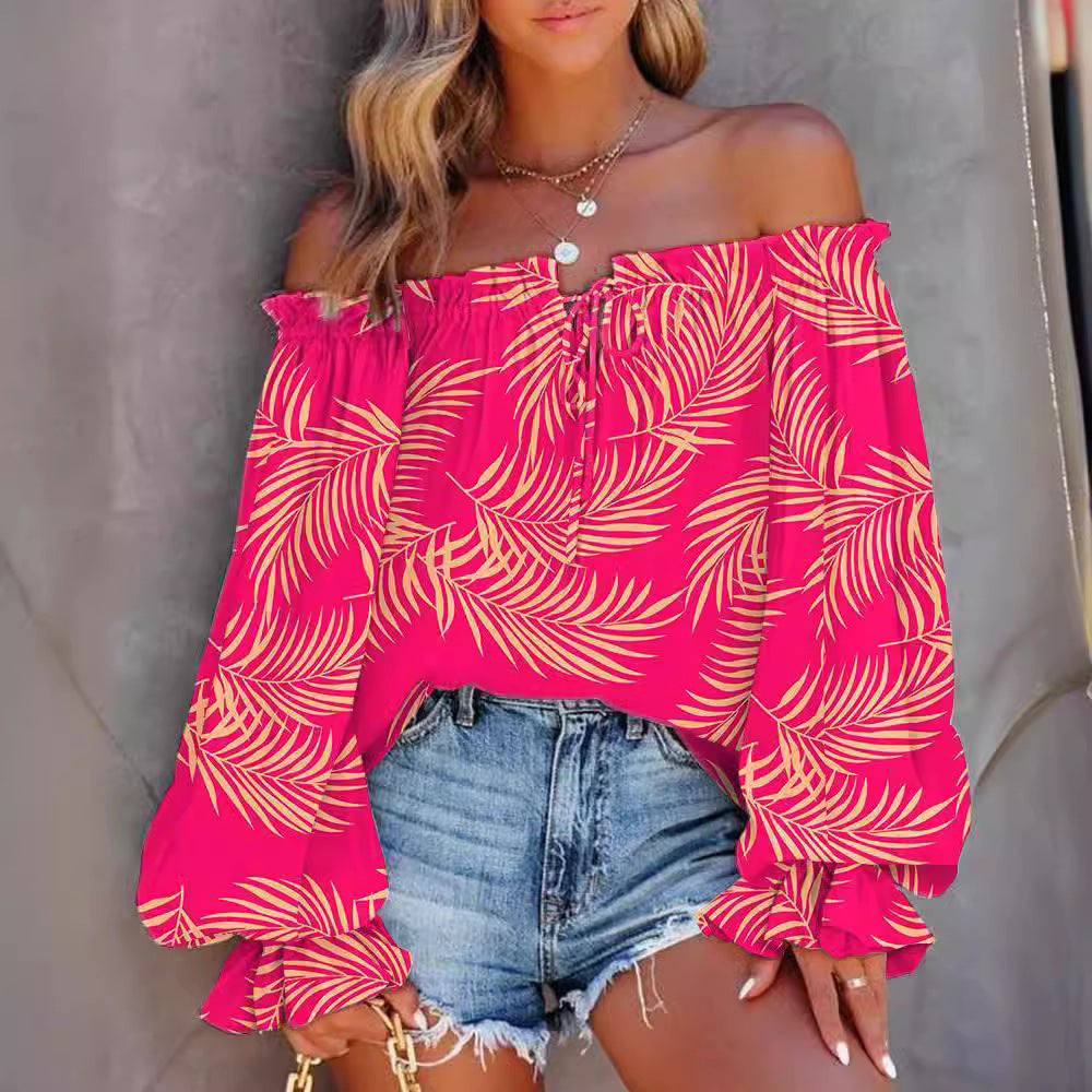 Dame Off-Shoulder Bluse med farverigt etno-mønster Stilla