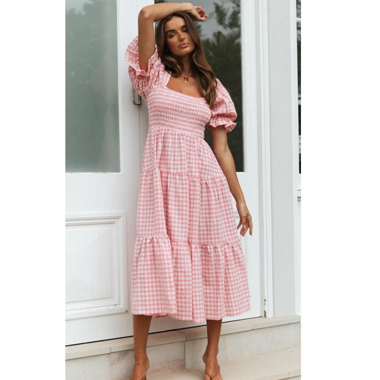 Dame Stufen-Gingham Midi Kjole med Puffærmer Stilla
