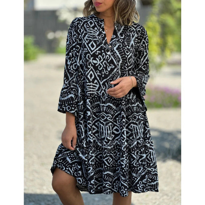 Stilla | Chic V-hals Flared Sleeve Cake Print Spliced Kjole