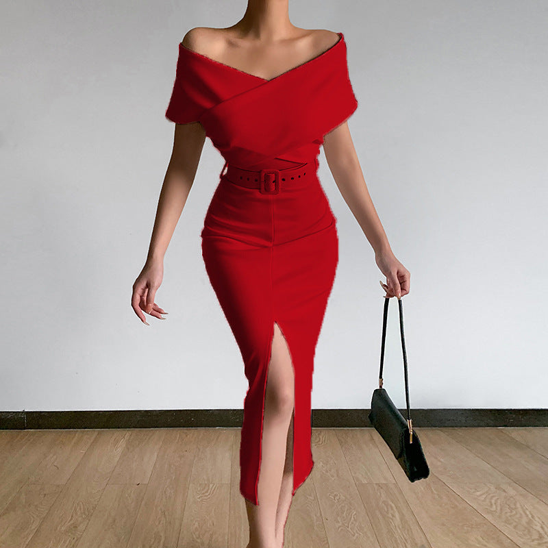 Dame Off-Shoulder Bodycon Midi Kjole med Bælte Stilla