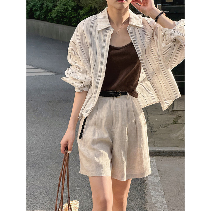 Dame afslappet linned bluse med asymmetrisk kant og elegante striber Stilla