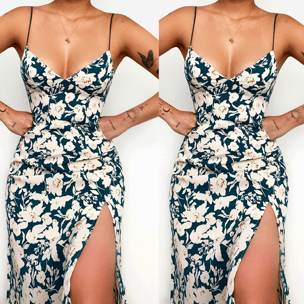Ladies spaghetti strap maxi dress with floral design and high slit Skovae