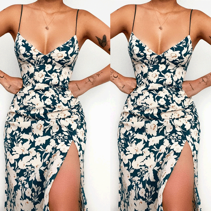 Ladies spaghetti strap maxi dress with floral design and high slit Skovae