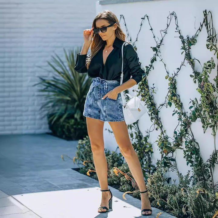 Dame jeans shorts med høj talje og bælte