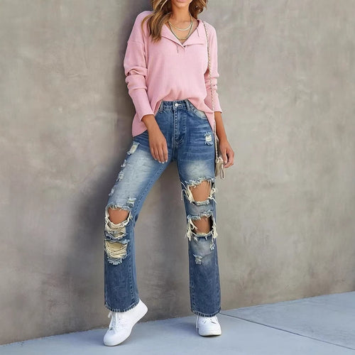 Dame afslappede Destroyed Jeans med bred ben og trendy revnedetaljer Skovae