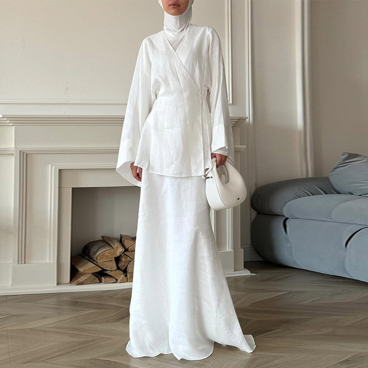 Dame elegant omslagskjole med lange ærmer og svingende skørt Stilla
