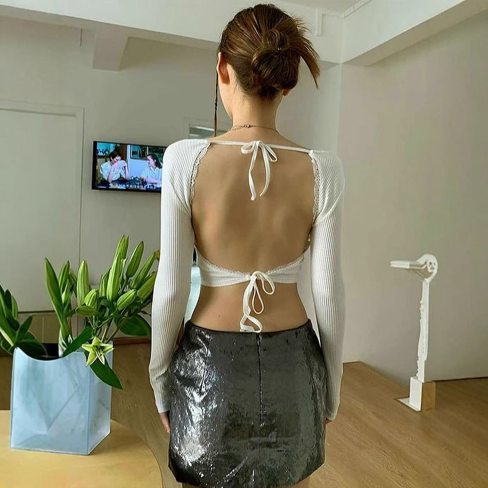 Dame Crop Top med flæsedetaljer og rygbindning Skovae