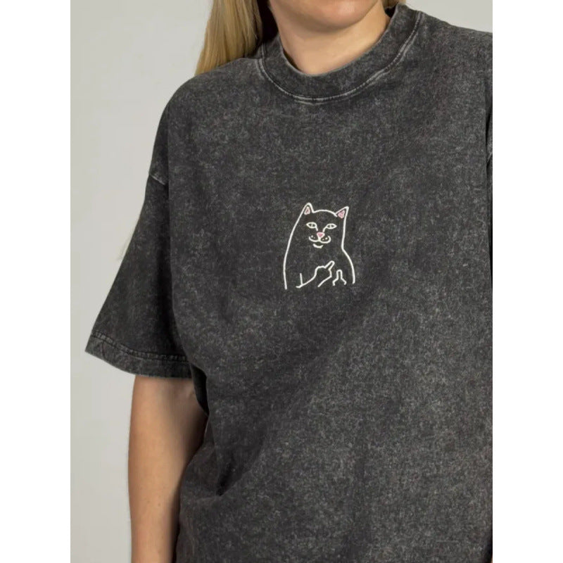 Dame T-shirt med kunstnerisk kattemotiv og afslappet oversized pasform Stilla