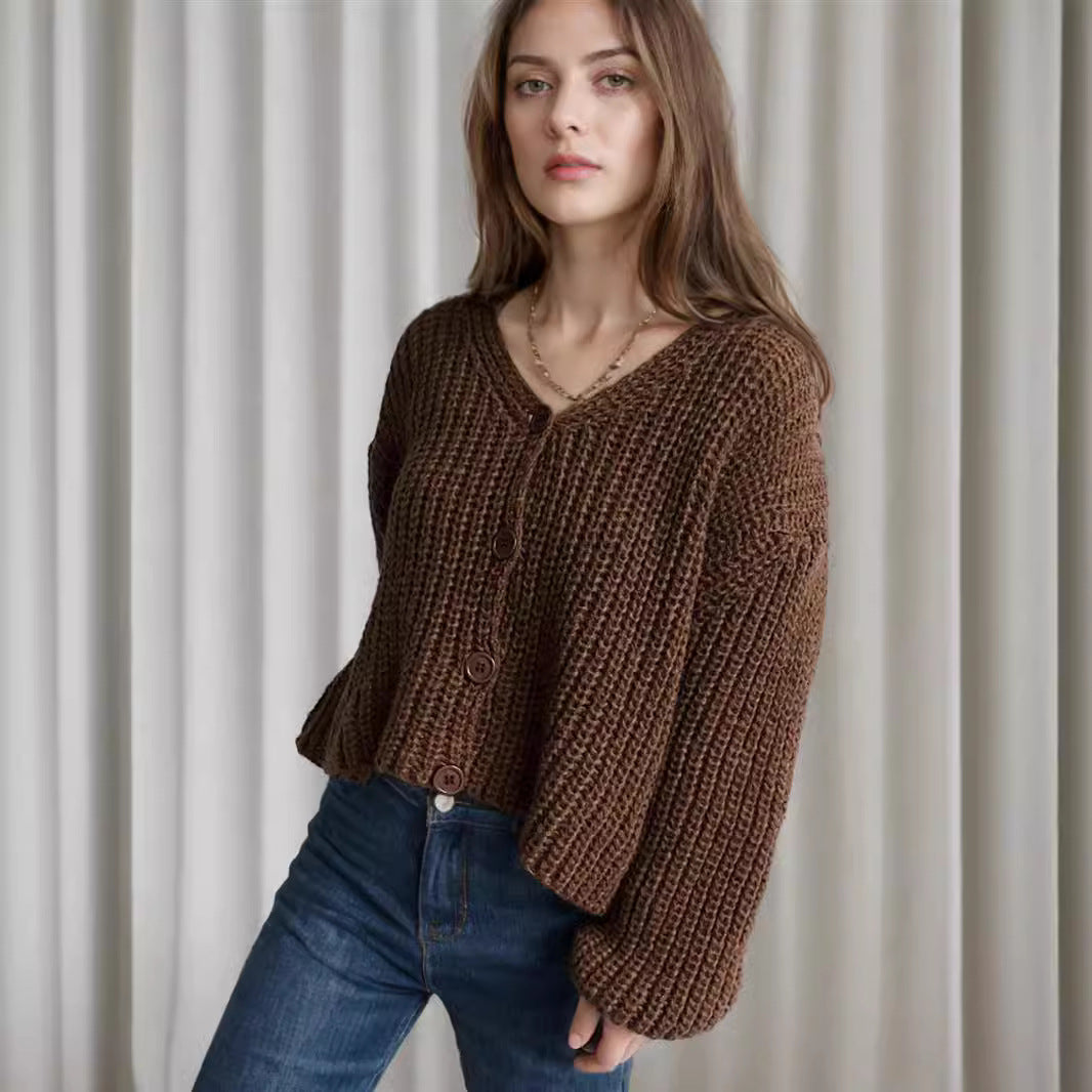 Kvinders cropped cardigan med chunky strikstruktur og store knapper Stilla