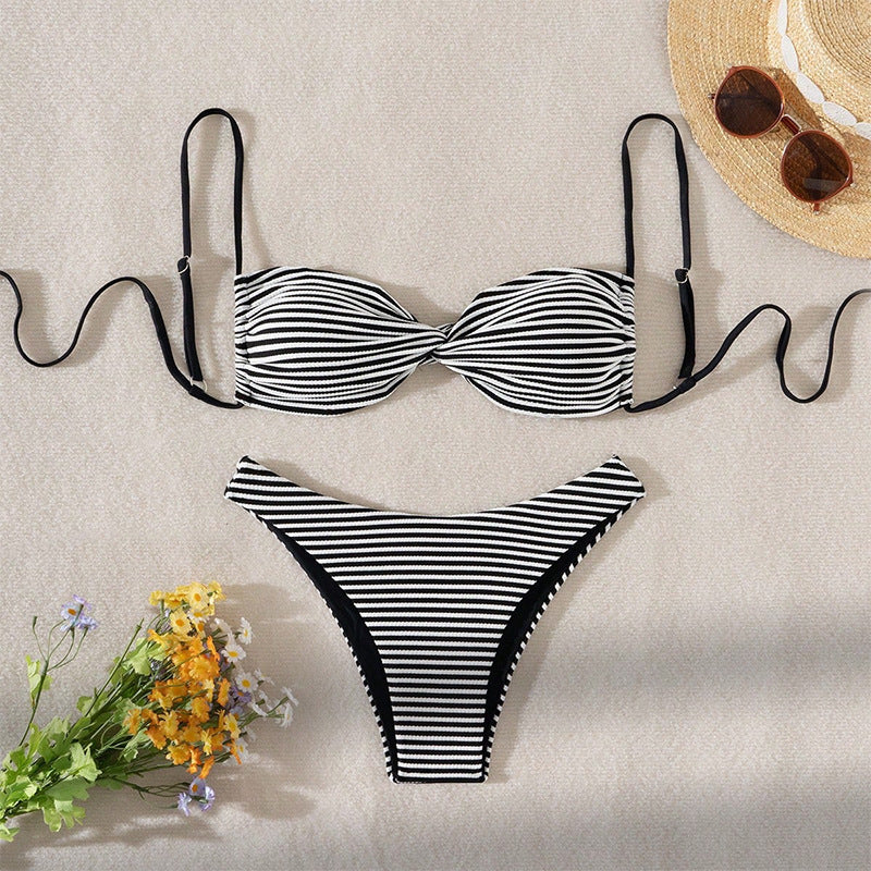 Dame Stribet Bikini Sæt med rynkning og justerbare stropper Stilla
