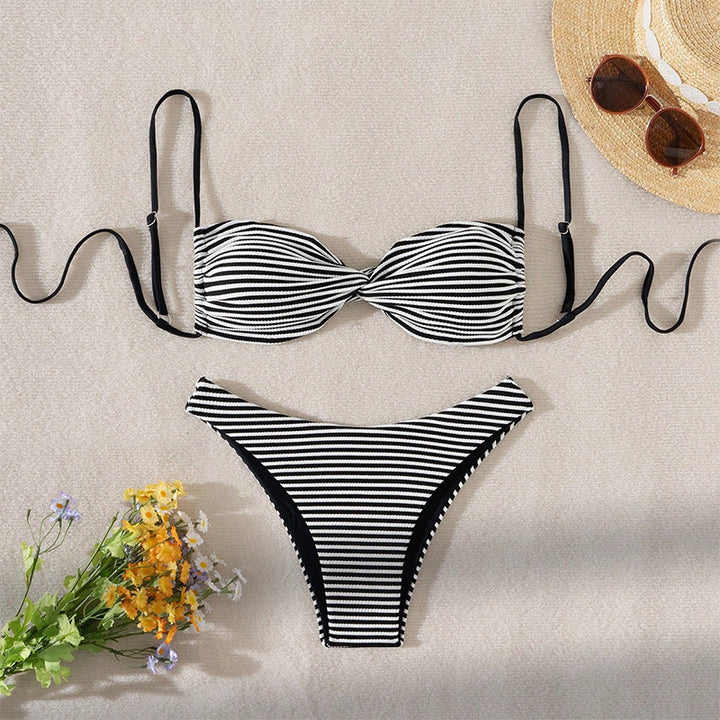 Dame Stribet Bikini Sæt med rynkning og justerbare stropper Stilla