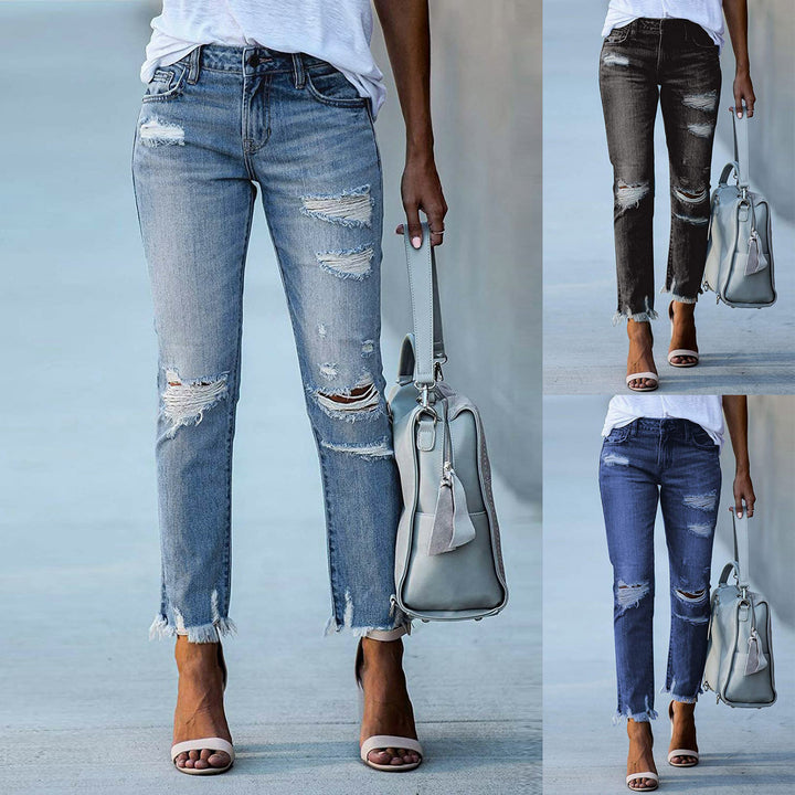 Damer Højtaljede Revne Lige Jeans med Råt Kant Stilla