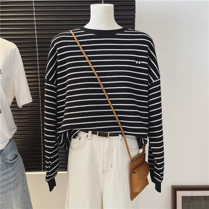 Femme Cropped Stribet Pullover med Overdimensionerede Ærmer Stilla