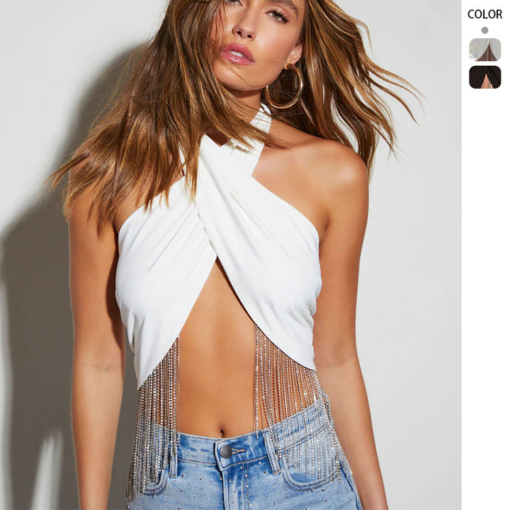 Kvinder Crop Top med funklende rhinestones detaljer Stilla